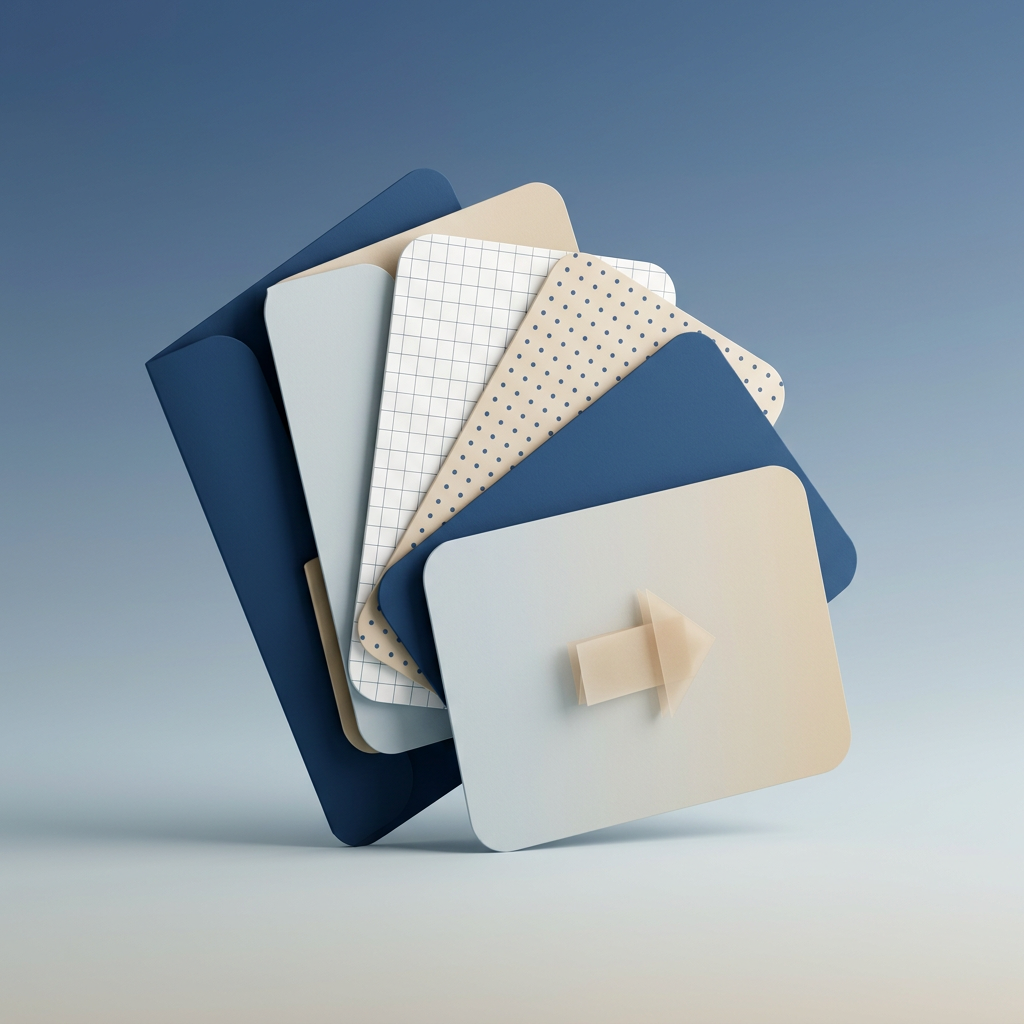 A fan of paper cards and folders in sapphire blue and champagne, with a small folded paper arrow