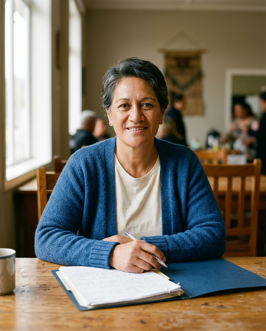 A generated portrait of a marae secretary at a table in a community hall, with a folder of papers
